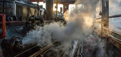 A cloud of steam surrounds the marine diesel engine as it cranks to life after being started photo
