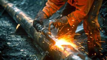 Closeup of a worker using a blowtorch to weld two sections of gas pipe together photo