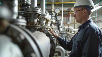 An engineer overseeing the process of separating crude oil from natural gas and water using complex machinery photo