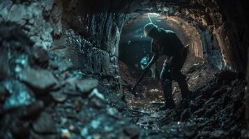 In a dimly lit mine shaft an artisanal coal collector extracts small pieces of coal from the walls with a pickaxe photo