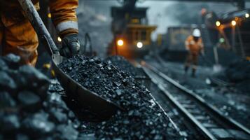 A group of miners using shovels to gather and load coal into carts photo