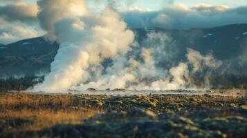 A field of geothermal wells each one extracting hot water and steam from deep within the earth photo