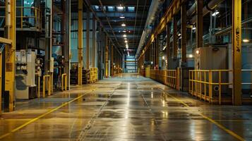 Safety signs and emergency exits are prominently displayed throughout the plant highlighting the potential dangers of working in such an environment photo