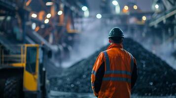 A worker stands at the entrance of a coal cleaning facility monitoring the levels of various pollutants and adjusting the cleaning process accordingly photo