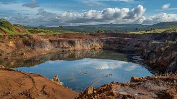 The landscape dotted with deep manmade craters from previous bauxite mining activities now filled with water creating reflecting pools photo