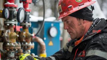 A closeup of a worker in a hard hat and safety gear monitoring gauges at a hydrofracturing site photo