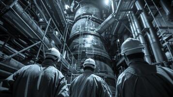 Workers in hard hats and coveralls inspecting the multiple levels of a heat recovery steam generator photo