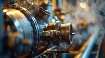 A closeup of the inner workings of a heat recovery steam generator showing the process of hot gas being converted into steam photo