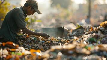 A worker sorting through a pile of garbage separating out recyclable materials before sending the rest to be incinerated photo