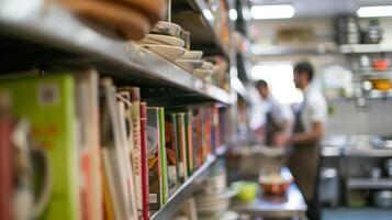 Hazy shelves stacked with cookbooks and es as aspiring chefs intently listen to their instructors lesson on flavor profiles and cooking techniques in a defocused culinary classroom. photo