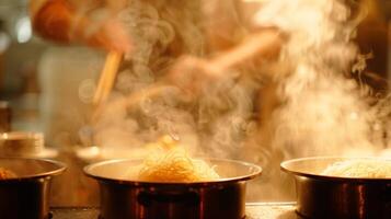 Defocused silhouettes of sushi chefs their movements blurred by the steam rising from simmering pots of miso soup and bubbling rice. photo
