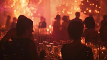 Defocused A muted symphony plays in the distance lulling the guests into a state of enchantment. Amidst the sea of tables adorned with glittering centerpieces the guests silhouettes photo