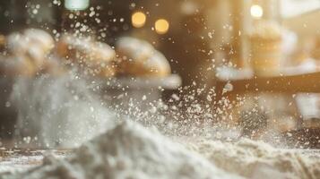 Defocused image 3 A hazy swirl of flour and sugar dust hangs in the air catching the light and creating a dreamy magical atmosphere in the early morning bakery. photo