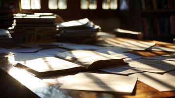 Soft defocused light illuminating the chaos of papers and notebooks on a librarians desk with long shadows stretching across the wooden surface. photo