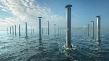 Clusters of tall thin pillars dot the coastline each one topped with a rotating device that captures energy from the tidal currents photo