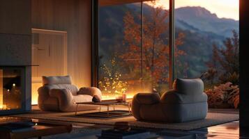 As the sun sets the room transforms into a luxurious haven with the armchairs and fireplace enveloped in a hazy defocused glow. The perfect setting for intimate conversations or a photo