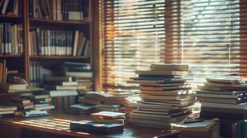 Defocused sunlight filtering through the blinds creating a warm glow in the cluttered shelves and piles of books on the desk of a passionate librarian. photo
