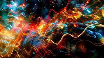 An array of blurred lights and shapes swirl in a chaotic dance a representation of the constant flow of data in the digital world. photo