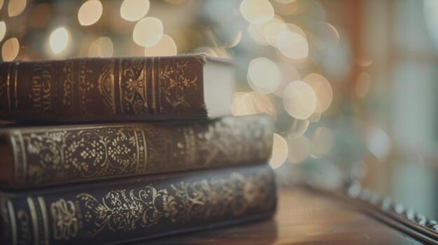 Softly defocused background of closed books adorned with delicate ornate designs that create a dreamy bokeh effect. The faded motifs add a sense of history and intrigue to the imagery. photo