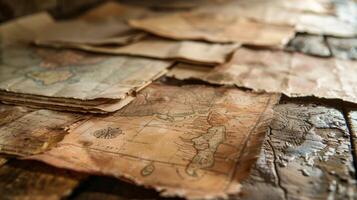 Out of focus view of weathered and yellowed maps tered on a rustic worn table telling tales of forgotten lands and lost paths. photo
