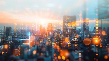 Blurred Digital Dusk A fusion of digital and natural elements captured in a hazy outoffocus image of a glowing sunset above a cityscape of technology and innovation. photo