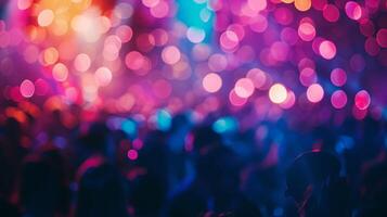 Out of focus beams of vibrant hues intertwining above a packed dance floor immersing the scene in a mesmerizing display of blurred lights and movement. photo