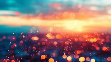 Defocused Glowing Horizon A stunning glimpse into the future with a blurred backdrop of vibrant ethereal lights merging into a sunrise over a technological landscape. photo