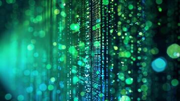 The dimly lit background amplifies the intense glow of defocused neon lights casting a mesmerizing spell of edgy futuristic vibes in shades of bright green and blue. photo