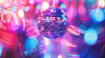 A hazy blur of spinning disco balls and pulsating neon lights sets the scene for a lively night of dancing and fun. photo