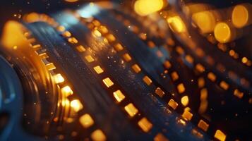 Defocused lights illuminate the edges of a classic film reel creating a warm and nostalgic ambiance reminiscent of old cinema. The film strip slightly blurred holds the promise of photo