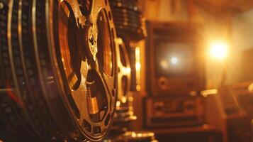 In the background a stack of defocused film reels frame the iconic silhouette of a projector emitting a soft glow. The out of focus effect enhances the nostalgic mood inviting the photo