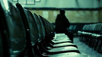 Blurry rows of empty seats and a faint image of a person making their way to a seat in the shadows adding a subtle element of suspense to the scene. photo