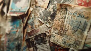 A blurred backdrop of worn concert tickets and faded gig posters evoking a sense of wistfulness for bygone days on the Melodious Memory Lane. photo