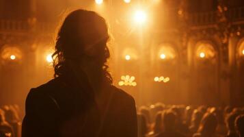 Soft outoffocus stage lights casting a dreamlike glow while a hushed figure slips into the back row ly noticeable amidst the still audience. photo