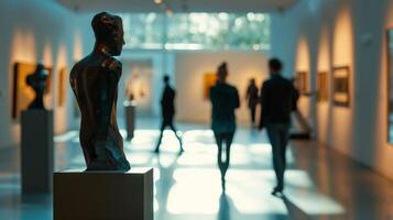 Defocused sculptures in dim light Amidst soft shadows and gentle lighting visitors are seen delicately exploring the intricate details of the sculptures in the gallery their movements photo
