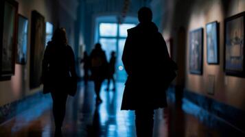 Defocused background image 2 Dark and moody this image captures the hushed ambiance of the gallery as visitors move through the space their silhouettes blending into the shadows. The photo