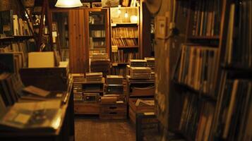 The cozy dimly lit interior of this defocused record store immediately brings to mind images of a bygone era. Old wooden crates overflowing with records and the gentle scent of aging photo