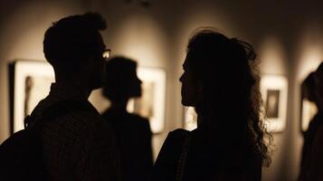 The muted silhouettes of curious visitors their attention drawn to the illuminated focal points of each piece in the dimly lit exhibition. photo