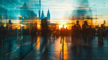 Blurred silhouettes of people mingled with distorted reflections of buildings all caught in the gl mirrors. photo