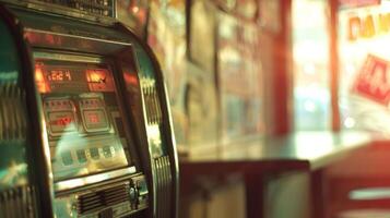 Defocused silhouette of a retro jukebox against a hazy backdrop of old music posters evokes a sense of nostalgia and simpler times. photo