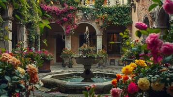 A defocused glimpse into a Venetian Palazzo courtyard showcasing a beautiful fountain surrounded by vibrantly colored flowers and ivycovered walls. The distant sound of live music photo