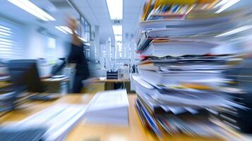 Softly blurred document clutter adds a touch of organized chaos to this defocused image reflecting the busy yet productive atmosphere of an office. photo