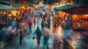 A blurred sea of colors fills the frame as the dimming light of the evening transforms the market into a mystical and enchanting wonderland. photo