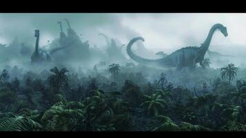 A dreamlike haze envelops the prehistoric landscape giant ferns tangled vines and the looming shapes of primitive dinosaurs fade in and out of focus against a muted sky. photo