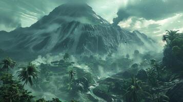 In the background an ethereal landscape of prehistoric life unfolds the misty outlines of towering volcanoes dense jungles and a diverse array of creatures roaming freely in their photo