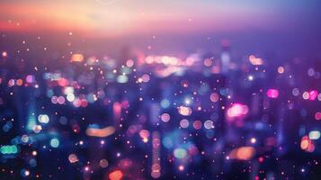 Defocused hues of deep purples and fiery oranges create a dreamy atmosphere as the city lights le in the background. photo