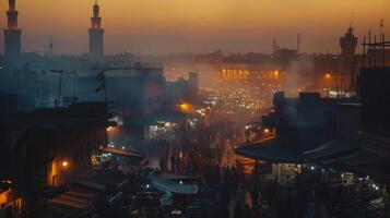 The hazy silhouette of buildings and structures framing a bustling market at dusk creating a magical backdrop for the vibrant chaos below. photo