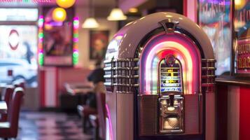 Defocused background image of a Rock n Roll Diner Time The hustle and bustle of a busy diner fades into the background leaving behind the vibrant colors and energy of the scene. The photo