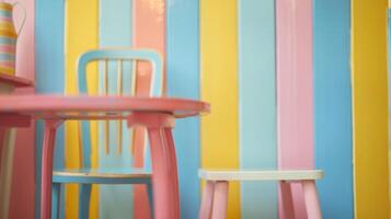 The vibrant and playful stripes of the candy striped wallpaper blend together in a soft dreamy haze adding a whimsical touch to the room. photo
