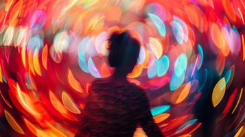 Defocused lights and colors form abstract shapes behind the vibrant dance posters creating a dynamic and energetic backdrop for the Do the Twist event. photo